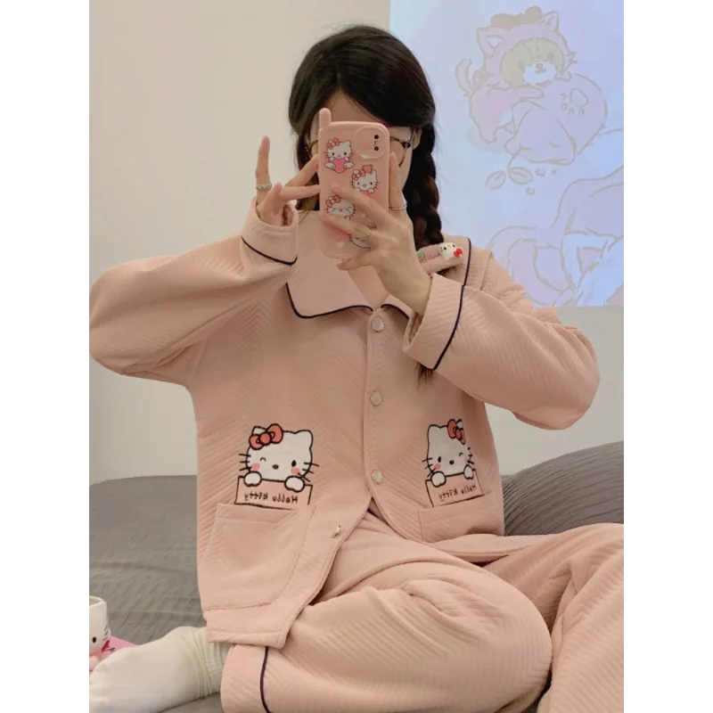 Pijama de Hello Kitty para mujer, cárdigan de algodón puro de manga larga, multicapa, ropa de estar por casa