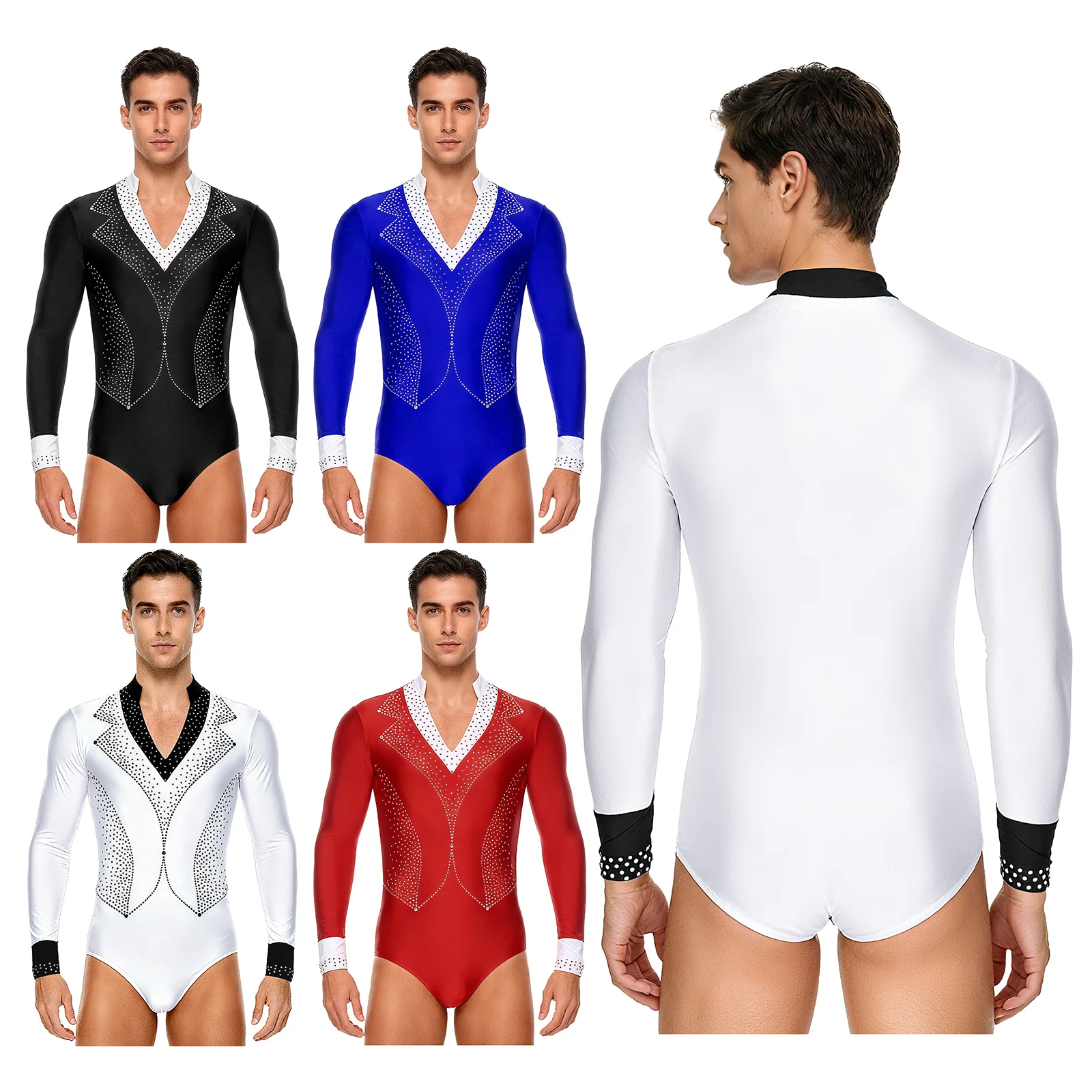 Męski strój do tańca latynoamerykańskiego z długim rękawem, zdobiony cyrkoniami, trykot gimnastyczny, odzież taneczna do tanga, rumby, cha-chy, baletu, na studniówkę i imprezy.