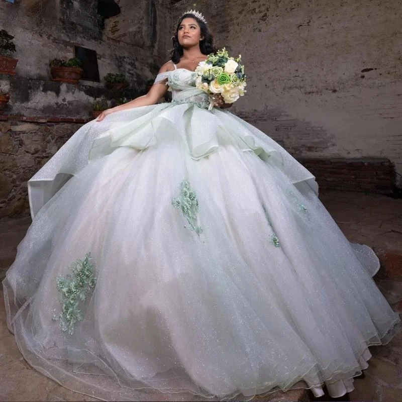 Vestido De baile De encaje Floral 3D De princesa ilusión, quinceañera, correa De espagueti, plisado De cristal, volantes, corsé, 15 Años