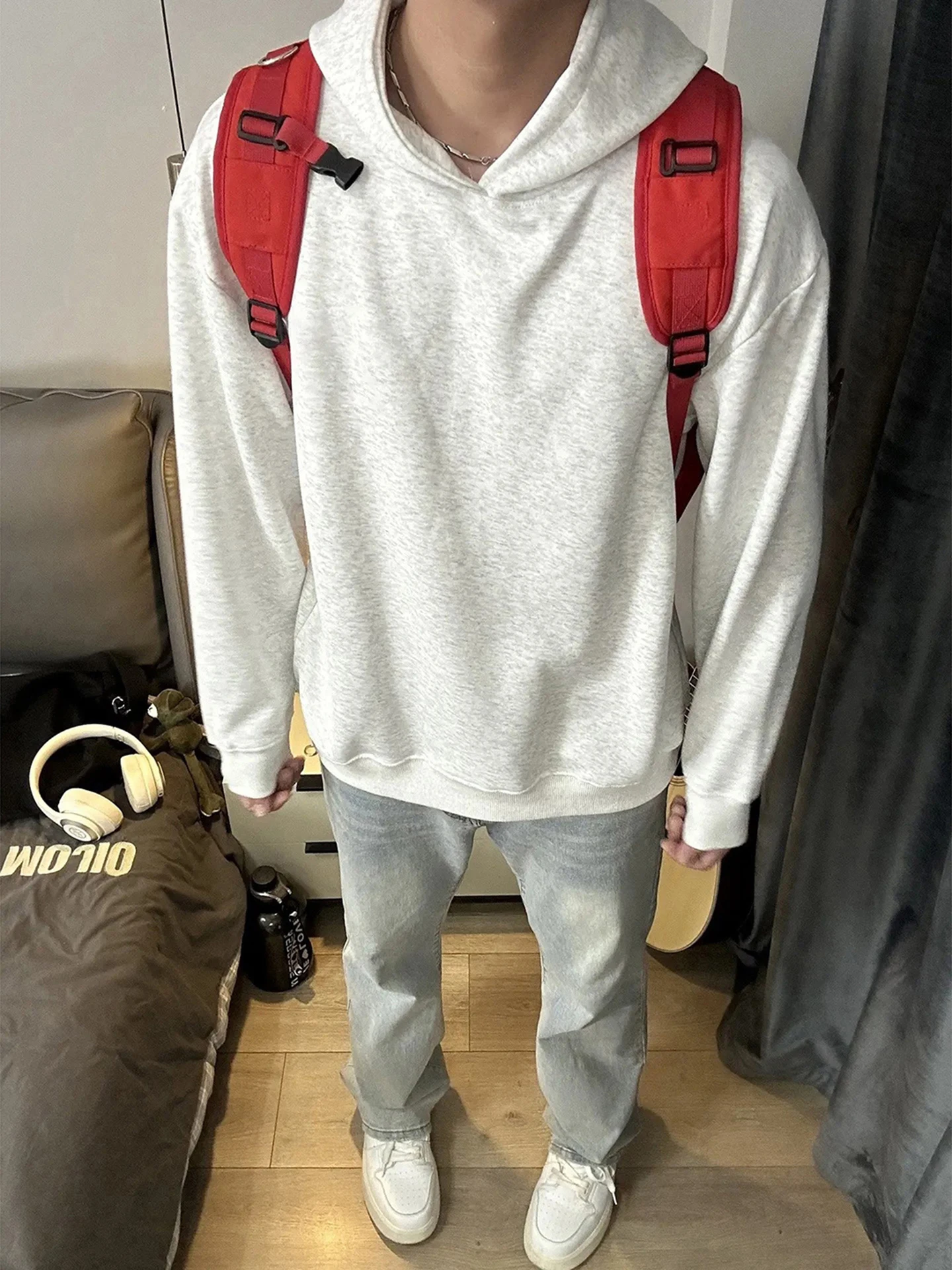 سترة بقلنسوة ثقيلة الوزن 500 جرام للرجال ربيع الخريف العلامة التجارية العصرية الصلبة والصلبة زوجين أبلى زهرة بيضاء ey #2