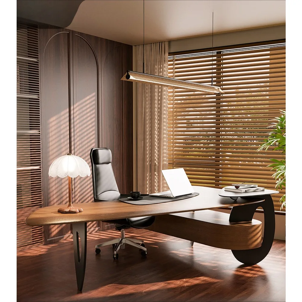 Premium Pine Wood Executive Desk Large Slab Manager Office Table with Metal Frame High-End Modern Home Office Workstation