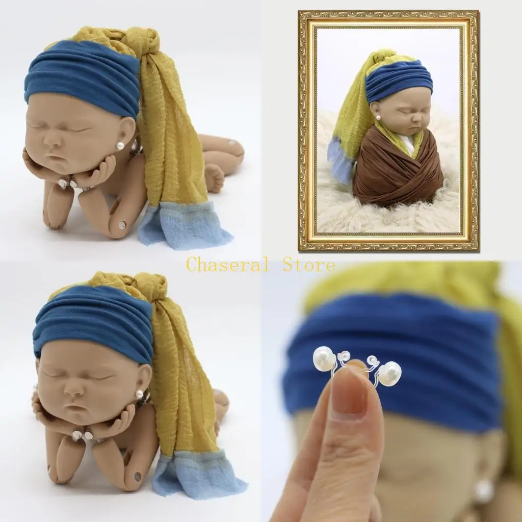 E7CE Newborn Photography Props Sleeping Bag Sleepsack Blanket Baby Pearls Ear Studs Hat Headwrap Turban Cap