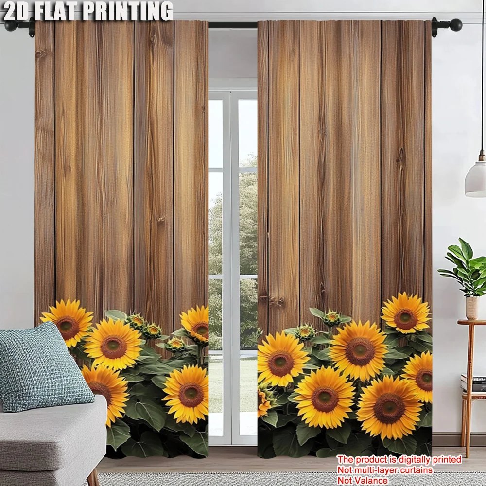 

2Pcs Sunflower Printed Curtain Rod Hole Window Treatment For Bedroom Office Kitchen Living Room Study Home Decor Polyester Heat