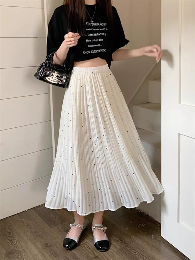 Polka Dot Chiffon Pleated Women's New Polka Dot Mid-length High Waist Drooping Slim and Versatile Skirt