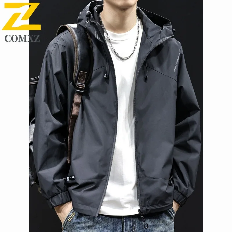 

COMXZ Высокомодная мужская куртка, роскошная легкая куртка для пешего туризма, бизнеса и отдыха, повседневное ветрозащитное осеннее пальто со съемным капюшоном