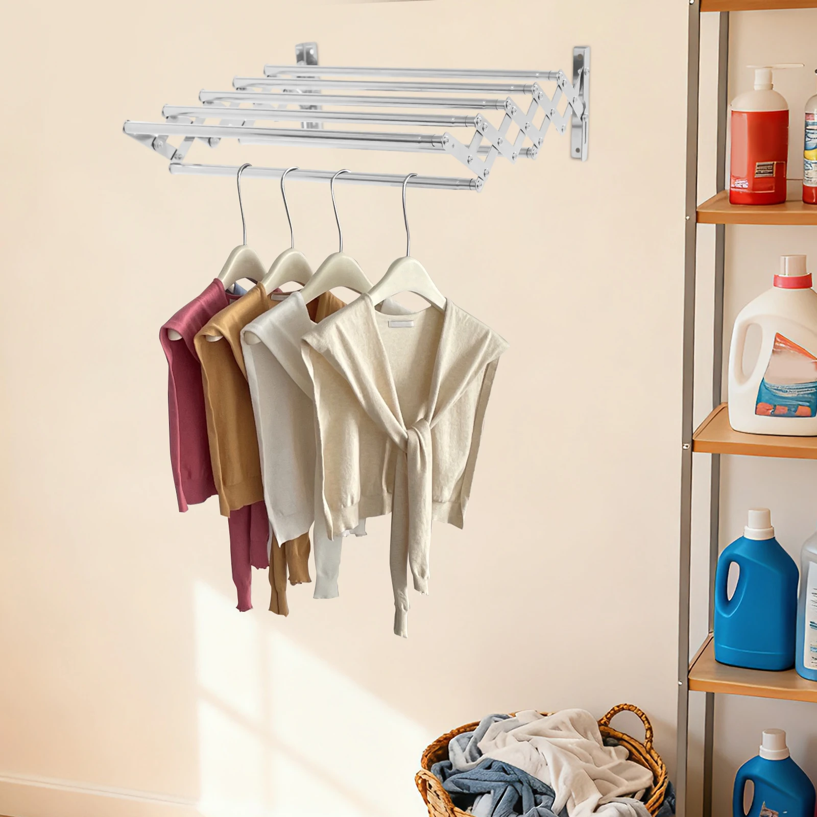 

3-Tier Expandable Silver Laundry Drying Rack, Foldable Retractable Clothes Hanger, Wall Mounted Air Dryer, Space Saving Garment Organizer
