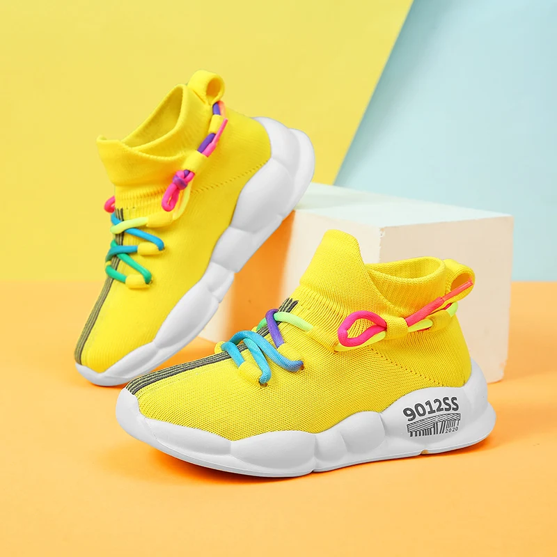 

High Top Yellow Knit Sneakers Child Fashion Platform Casual Sneakers Kids Outdoor Lightweight Breathable Children's Sports Shoes