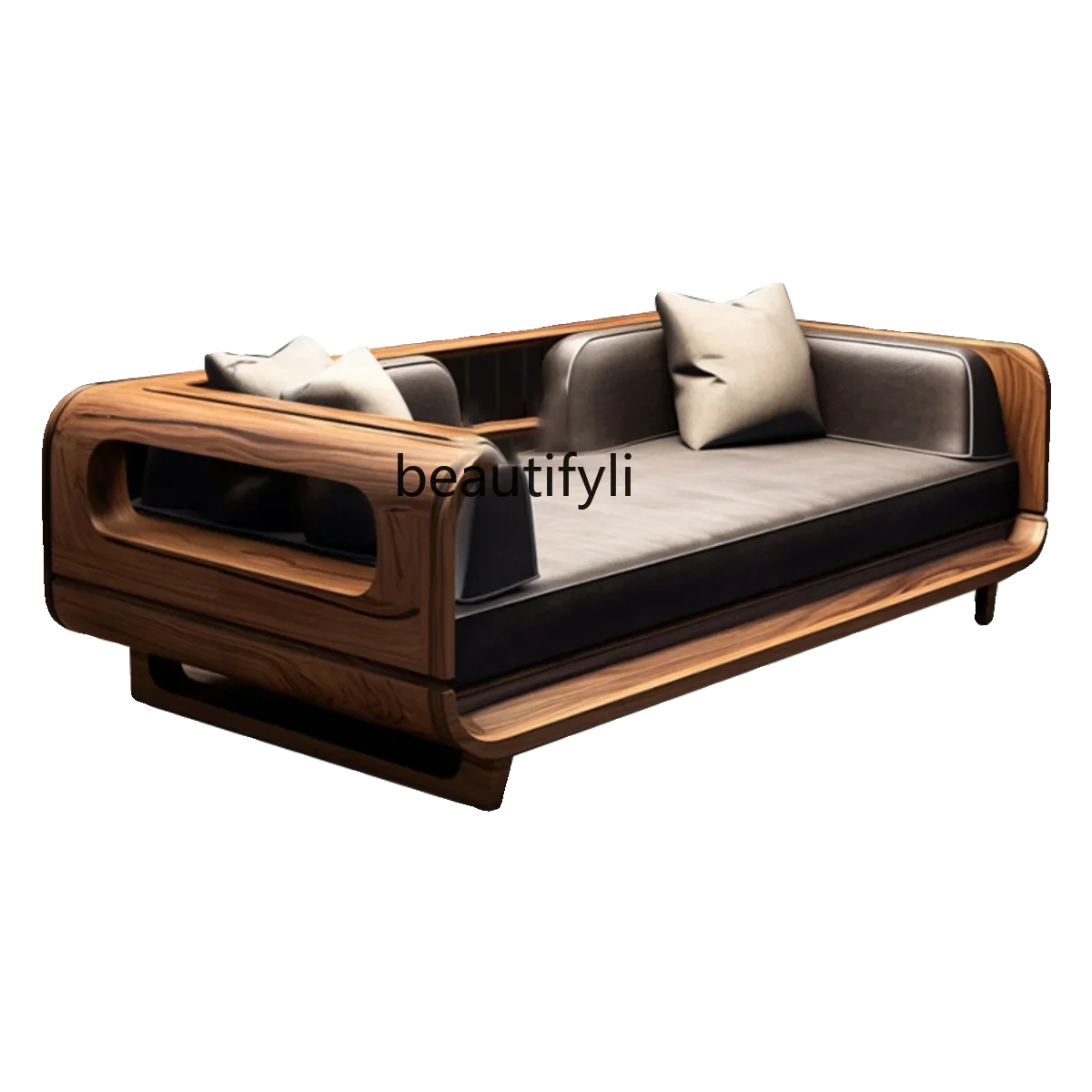 

New Chinese Zen solid wood sofa bed living room, North American black walnut, chaise longue arhat bed