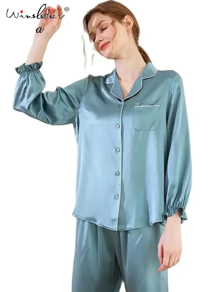 Women's Lapel Ruched Sleeve,19MM 100%Mulberry Silk Pajama Set,Fashion Casual Loungewear,2024 Spring Summer New,S419111QM