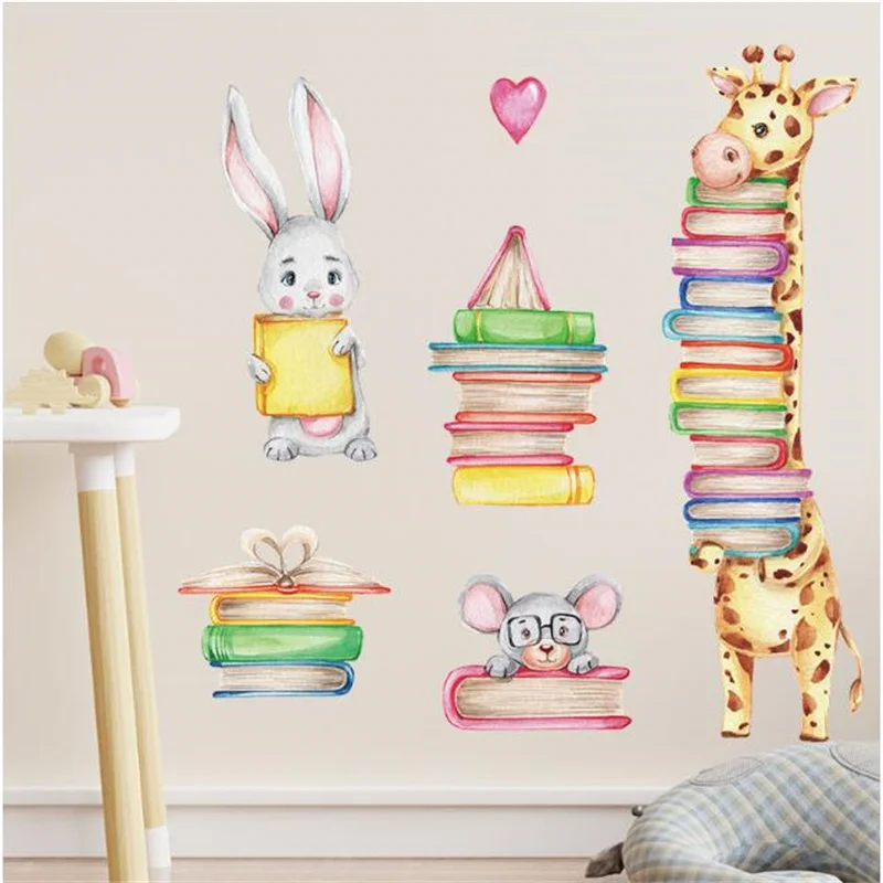 Giraffe Kaninchen mit Buch Wandaufkleber Kinderzimmer Dekor Kinder Lesezimmer Dekoration Student Bibliothek Aufkleber Klassenzimmer Wandbild Poster – Detail 4