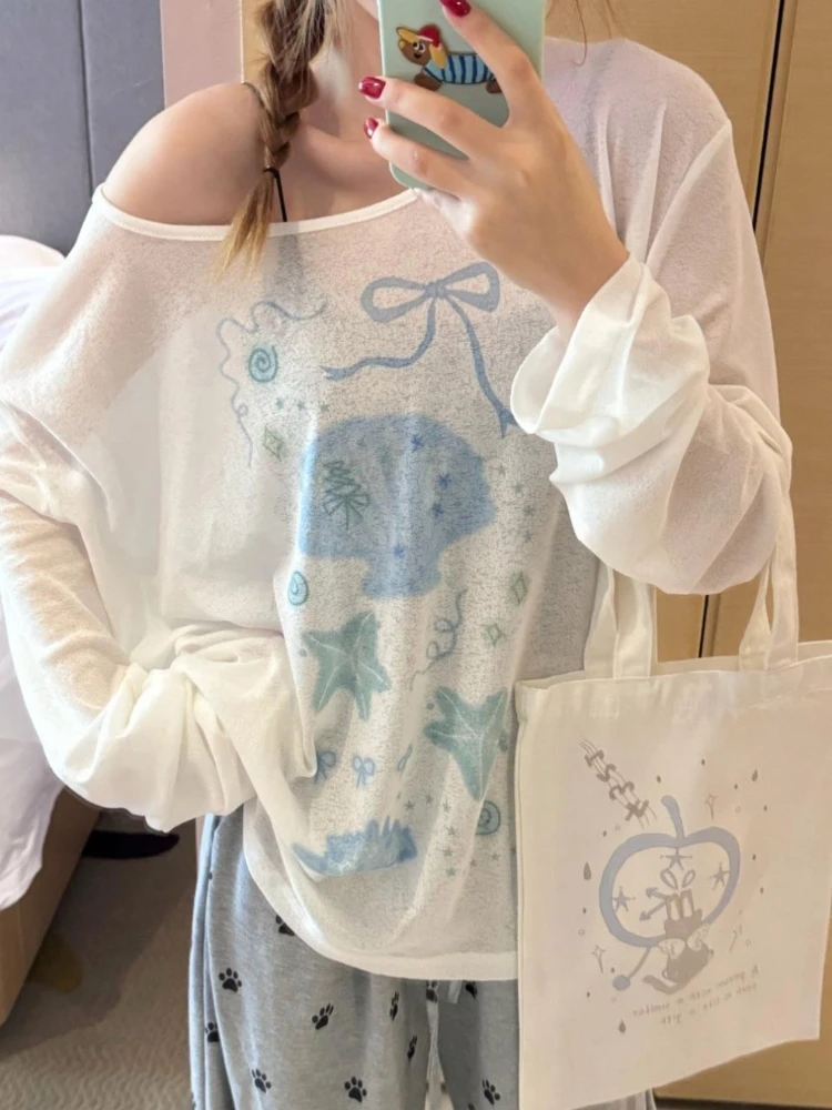 그래피티 프린트 티셔츠 여성 하라주쿠 한국 Y2k 오버사이즈 티셔츠 빈티지 긴팔 햇빛 가리개 셔츠 탑 스트릿웨어 탑