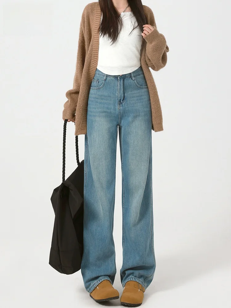 

High Waist Wide Leg Blue Jeans Women's Slim Fit Summer New Style Loose Straight Cut Trousers Cotton Stretch Denim Casual Pants