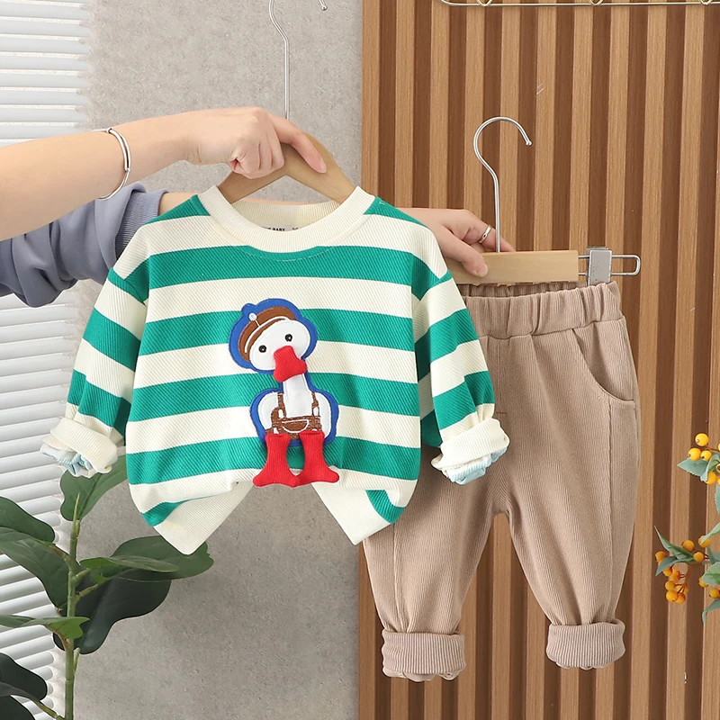 

2023 New Spring Autumn Children Cotton Clothes Baby Girls Suit Cartoon T-shirt Denim Bib Pants 2Pcs/Set Out Kid Fashion Clothing
