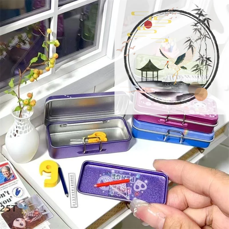 Dollhouse Miniature Double Layer Iron Pencil Box Pen Ruler Measuring Tape Scissors Model Micro Landscape Decor Pretend Play Toy