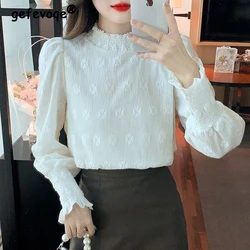 Autumn Winter Women Stylish Vintage Elegant Blouses Solid Half High Collar Velvet Thick Shirts Sweet Chic Long Sleeve Slim Tops