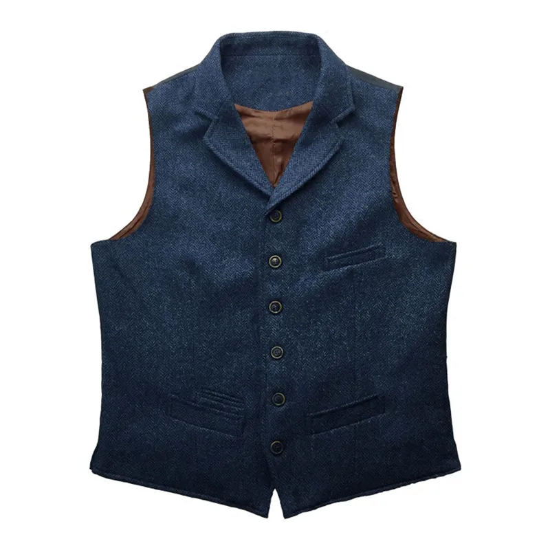 Men\'s Suit Vest Navy Blue Herringbone Lapel Collar Single Breasted Retro Tooling Steampunk Waistcoat Groomsmen Wedding Vest 2022