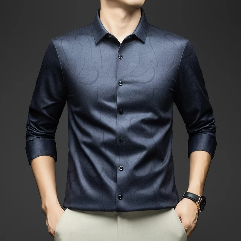 

Cashmere 2.2% Premium Shirts For Men Long Sleeve Print Gentleman Autumn Quality Smooth Comfortable Stretchy Casual Chemise Homme