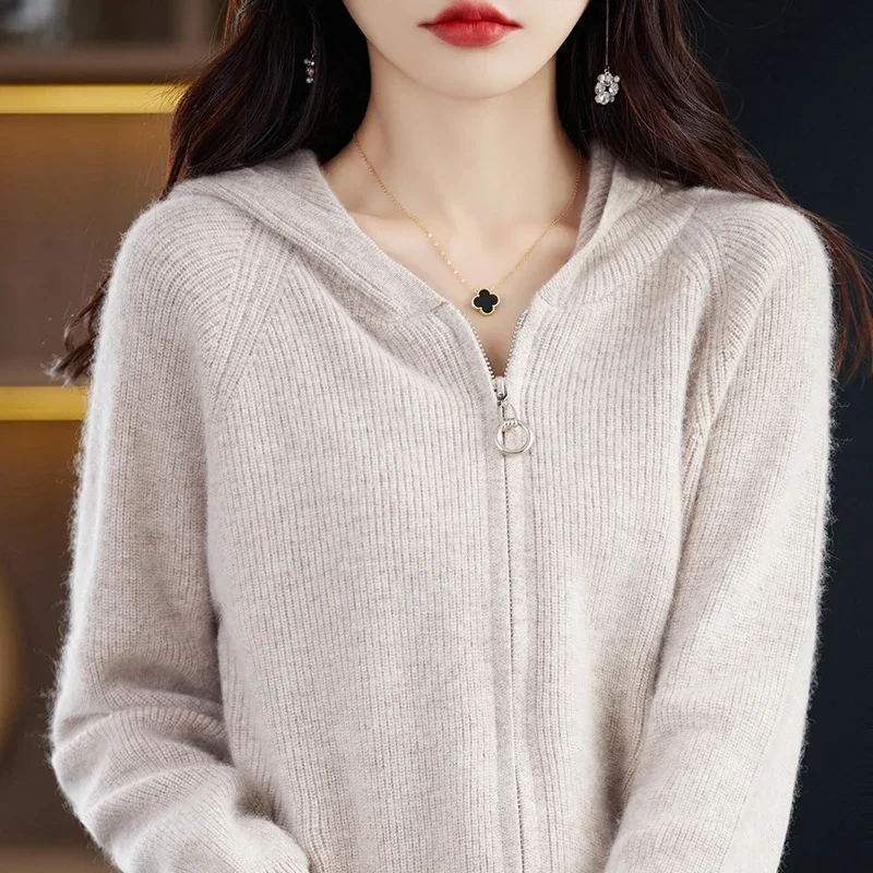 WinvyNee Mink Cashmere Women Sweater Hooded Cardigans with Zip Warm Solid Casual Pullover Outerwear Plus Size Winter B 1248019