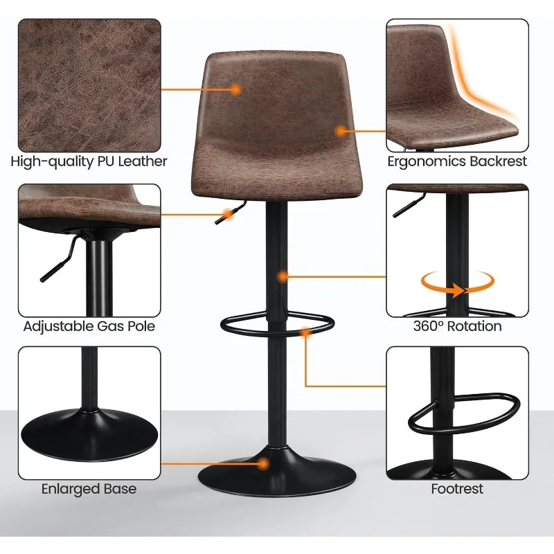 Bar Stools Set of 2, Swivel Counter Height Barstools with Back and Rootrest, Adjustable PU Leather