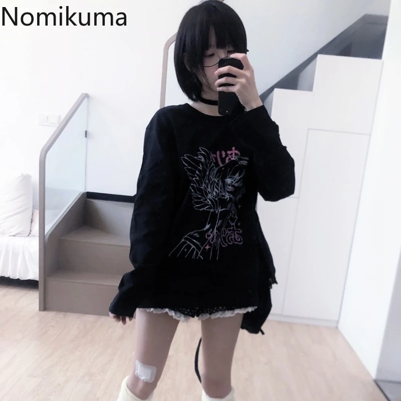 2023 Ropa Mujer Japanese Woman Tshirts Long Sleeve Anine Print O-neck Teees Casual Chic Y2k Tops Sweet White Oversized T Shirt