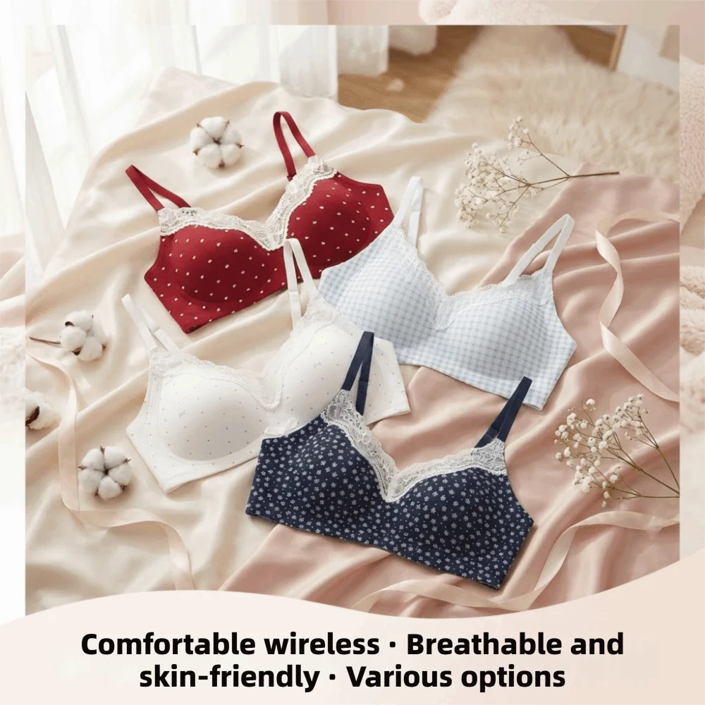 Floral Pattern Breathable Small Chest Bra Comfort Lace Edge Lace Bra Sweet Style No Underwire Bra Female Underwear
