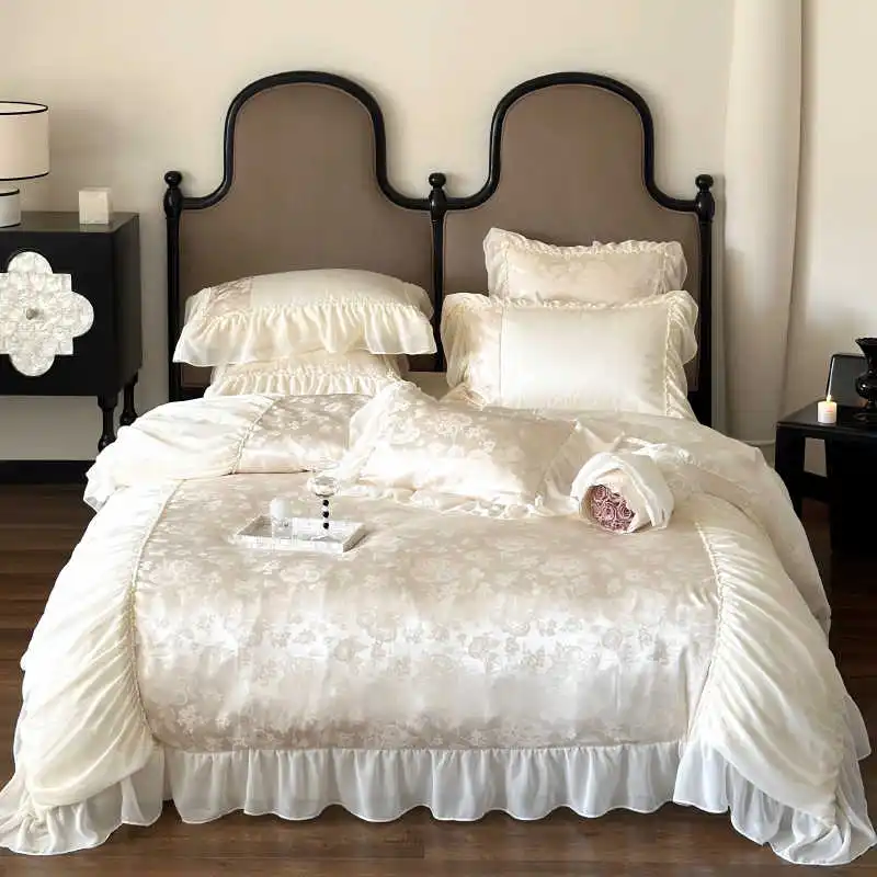 

4-piece Bedding Kit Long Staple Cotton Jacquard Lotus Leaf Lace Duvet Cover Plant Floral Print Bed Sheet Set All Cotton Bedding