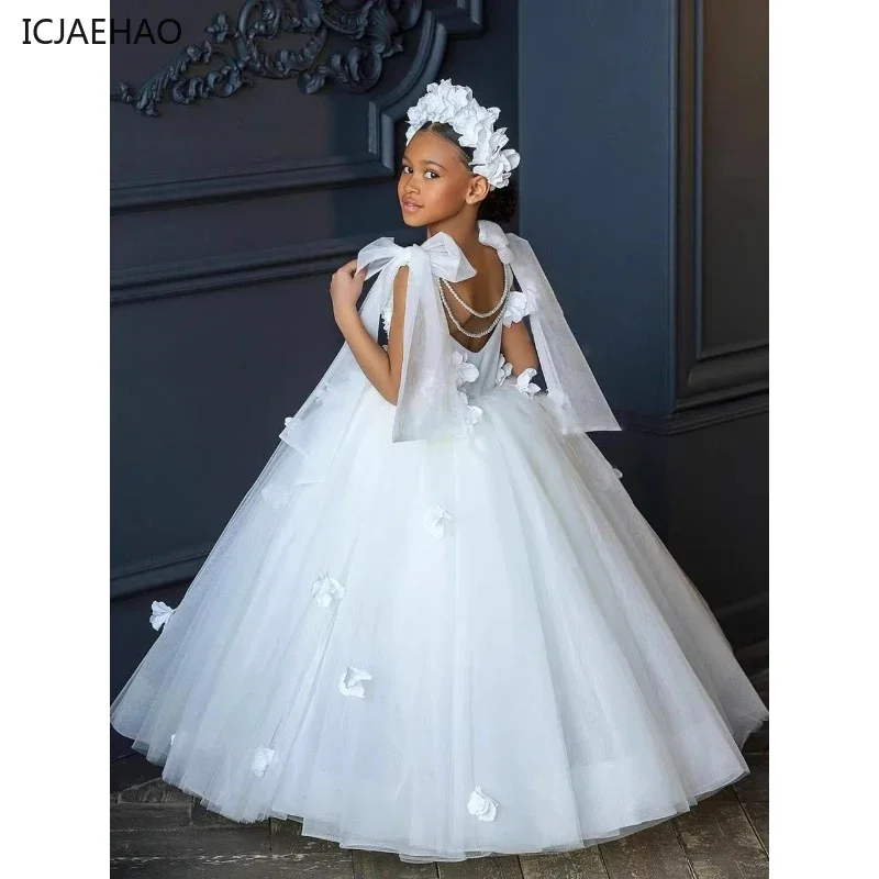 ICJAEHAO 2024 Flower Children Party Dress New Infant Baby Girls White Bow Sleeveless Elegant Princess Clothes Tulle Show Costume