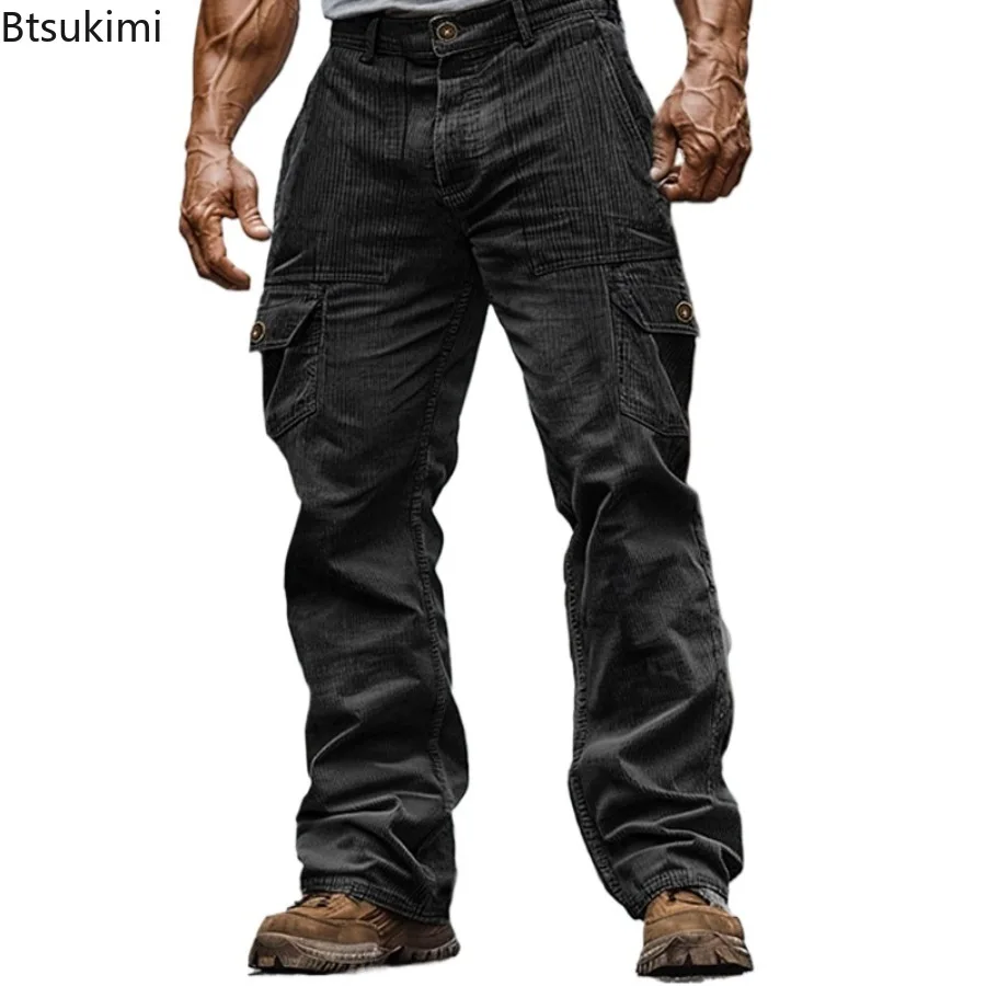 2026 Streetwear Fashion Men's Cargo Pants Autumn Outdoor Casual Solid Ribbed Corduroy Trousers Male Vintage Loose Straight Pants view 5