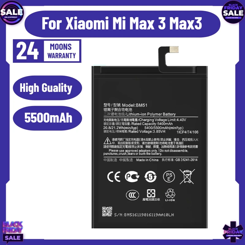 

New 5500mAh Battery Replacement for Xiaomi Mi Max 3 Max3 BM51 High Quality Phone Batteries