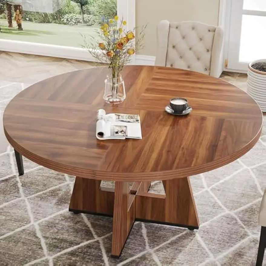 Round Dining Table for 4 Farmhouse Dining Room Table with Wooden Pedestal Base image 3