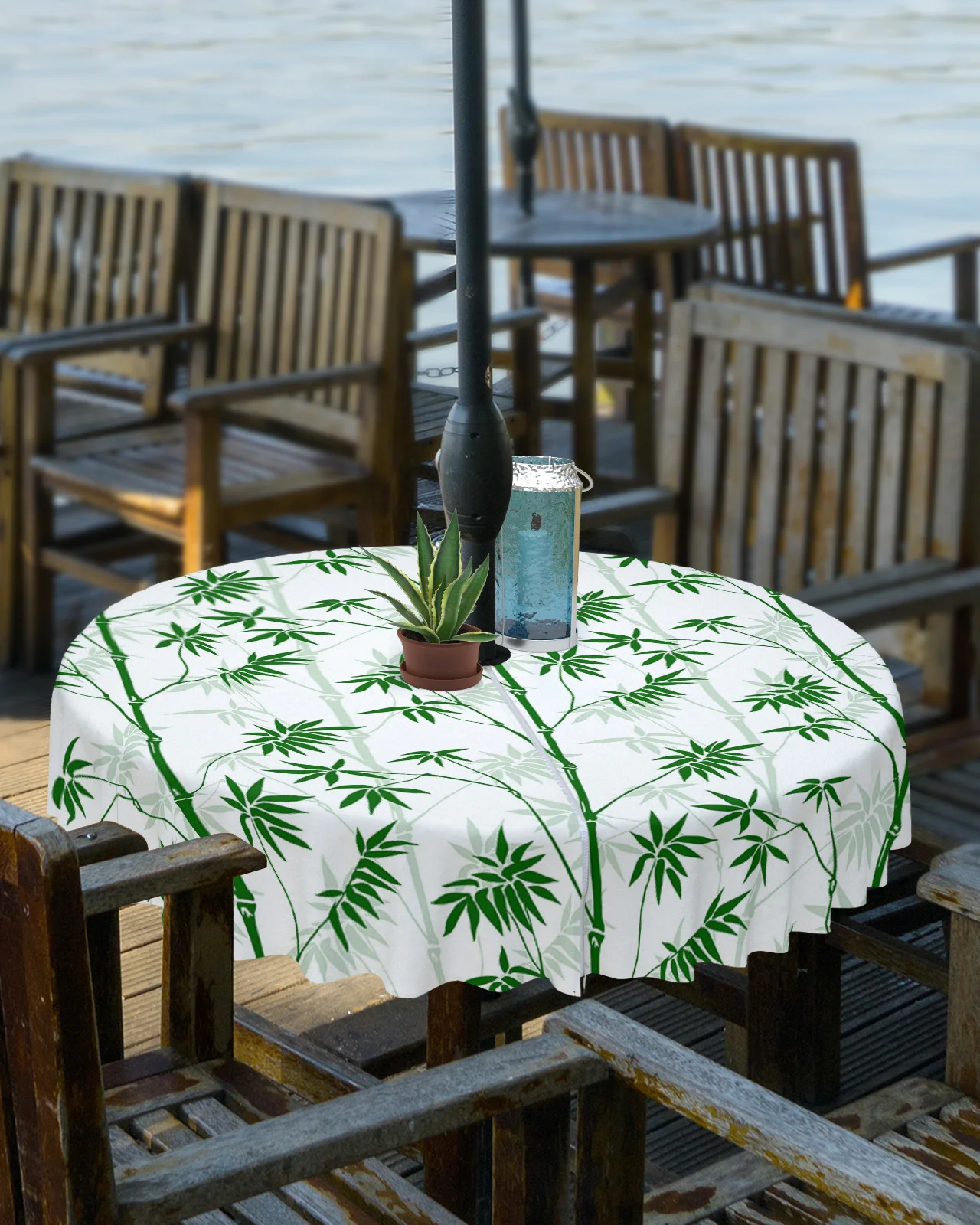 Plant Bamboo Green White Outdoor Tablecloth with Umbrella Hole Zippered Waterproof Table Cloth Picnic Patio Round Table Cover