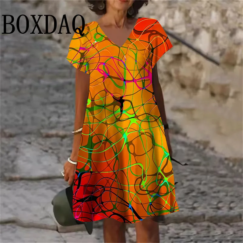 2025 Summer Dresses Women Gradient Painted 3D Print Dress Fashion Plus Size Casual V-Neck Short Sleeve Loose Dress 6XL Clothing