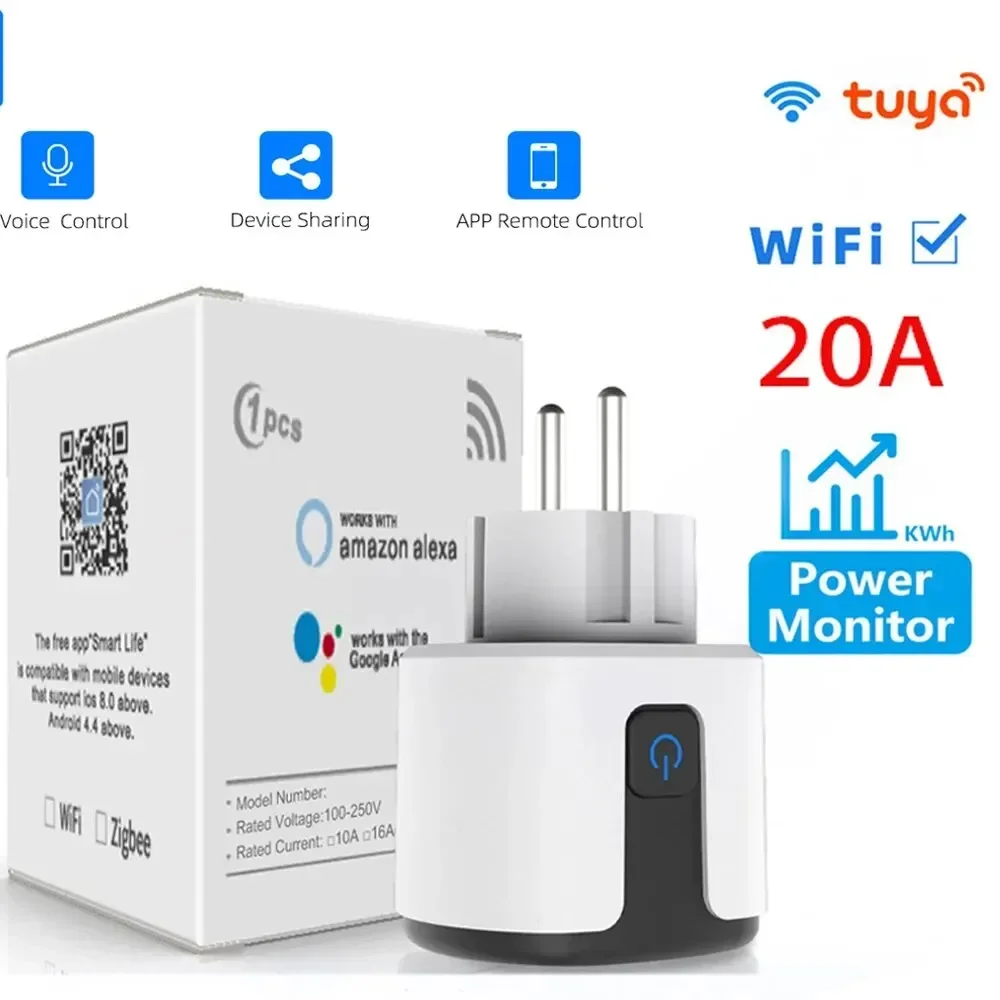 Tuya WiFi Smart Socket 20A EU Plug With Power Monitoring Timing Function Outlet Support Alexa Google Assistant Yandex