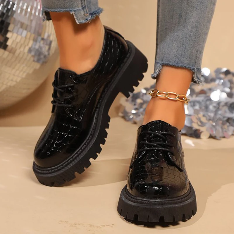 Black Patent Leather Chunky Platform Loafer Shoes Women Fashion Lace Up Oxford Shoes Woman Round Toe Moccasins Shoes Size 35