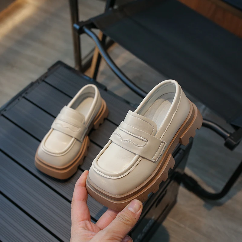 2024 New Girls Leather Shoes for School Spring Solid Color Simple Britain Uniform Square-toe Non-slip Kids Versatile Soft Loafer