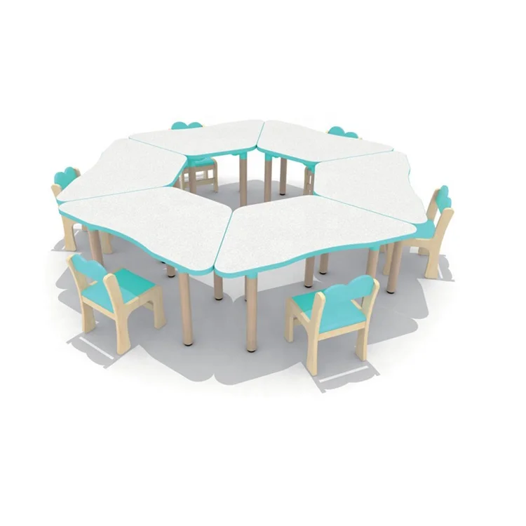 Multifunctional Children wooden tables chairs set kids preschool trapezoid shape furniture made in China