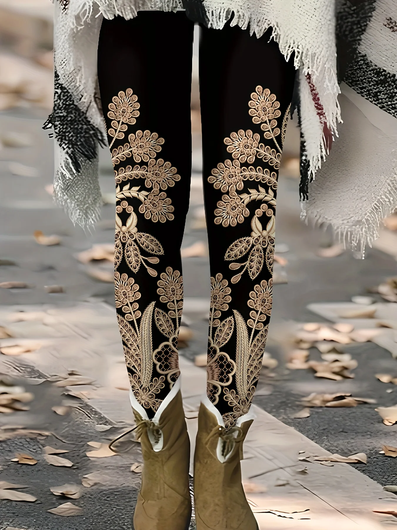 Women's Black Gold Floral Print Leggings Luxury Stretchy Slim Fit Casual Tights