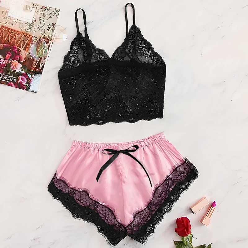 2PCS Women's Satin Pajama Set Lace Cami Top And Shorts Sexy Lingerie Sleepwear Summer Breathable Nightwear Black And Pink_ecoleips.com