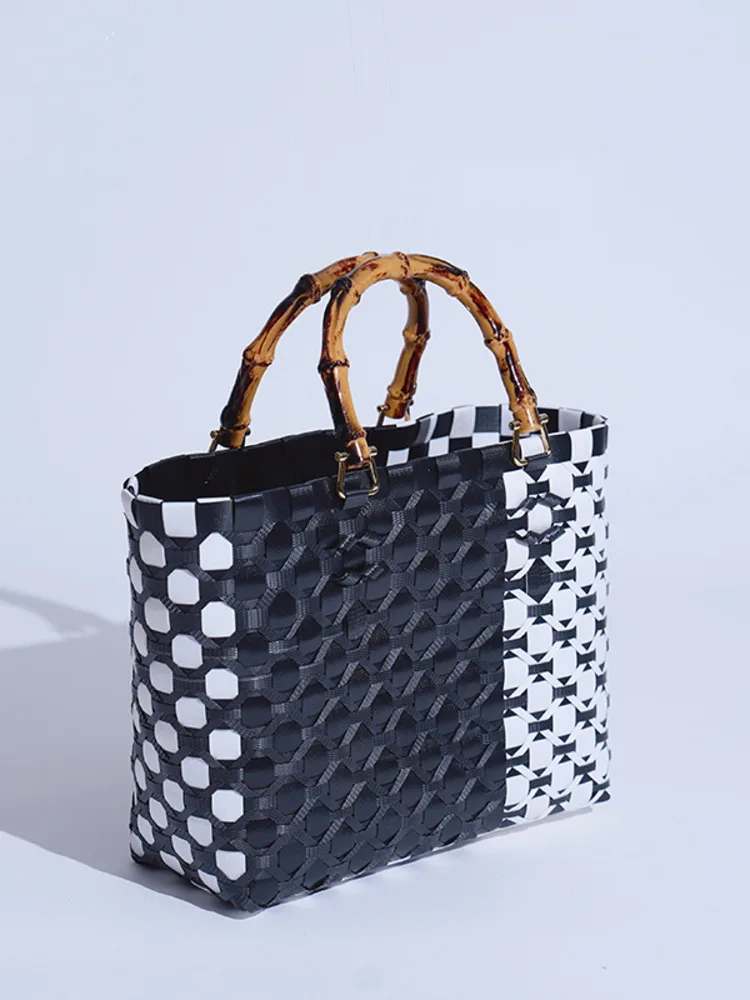 JNMC Splicing Women's Handmade Woven Shopping Handbags And Vegetable Baskets