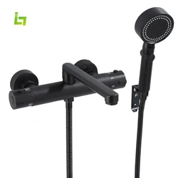 Wall Mounted Bathtub Faucet Two Function Long Spout Thermostatic Bathroom Shower Tap Cam Rotated Handheld Shower