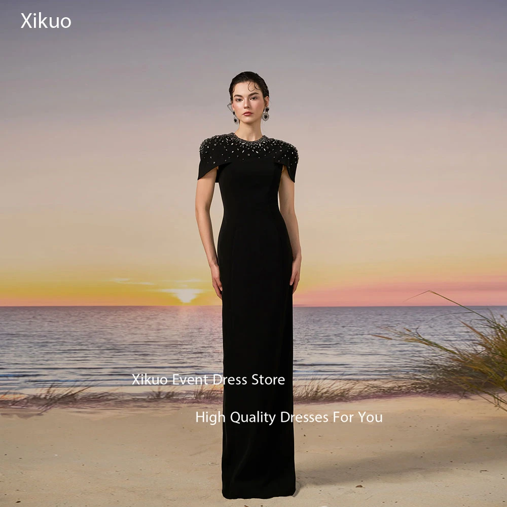 فستان سهرة رسمي أسود مستقيم من Xikuo بأكمام قصيرة فساتين حفلات كريستال مطرز سباركلي فساتين المشاهير حسب الطلب #5