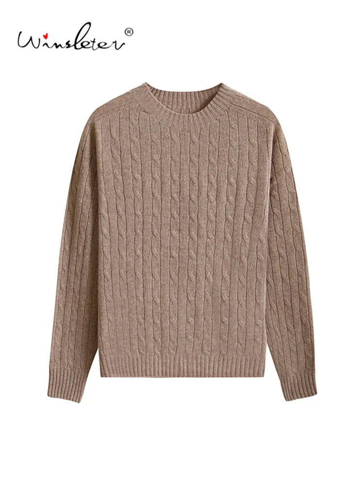 Winsleter-70%Wool 30%Cashmere Elegant Sweater, O Neck Cable Stitch, Women Seamless Versatile Knit Sweater, 2026 Autumn T69214CC