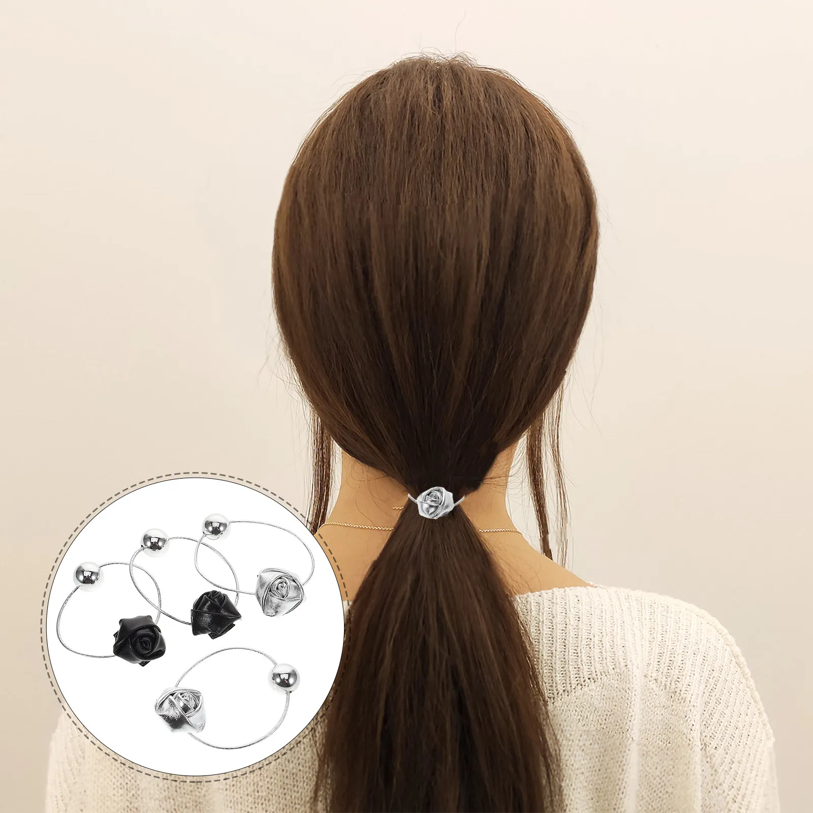 

4Pcs Rose Flowers Hair Ties Elegant Stretchy PU Flower Scrunchies for Women Decorative Ponytail Holders Floral Hair Accessories