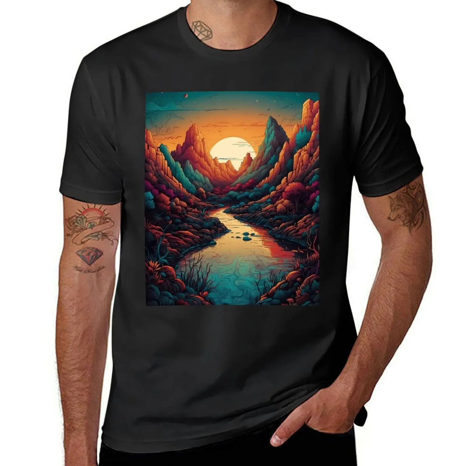 Serene Sunset Canyon: A Vibrant Landscape Illustration T-Shirt blacks quick-drying cute clothes t shirts for men pack