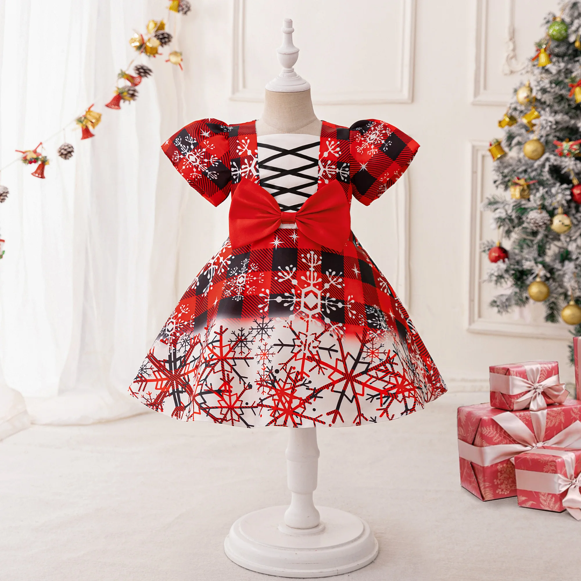 

Toddler Kid Girl Christmas Dress Baby Girl First Birthday Xmas Party Princess Tutu Gown Infant Plaid Tulle Bow New Year Costume