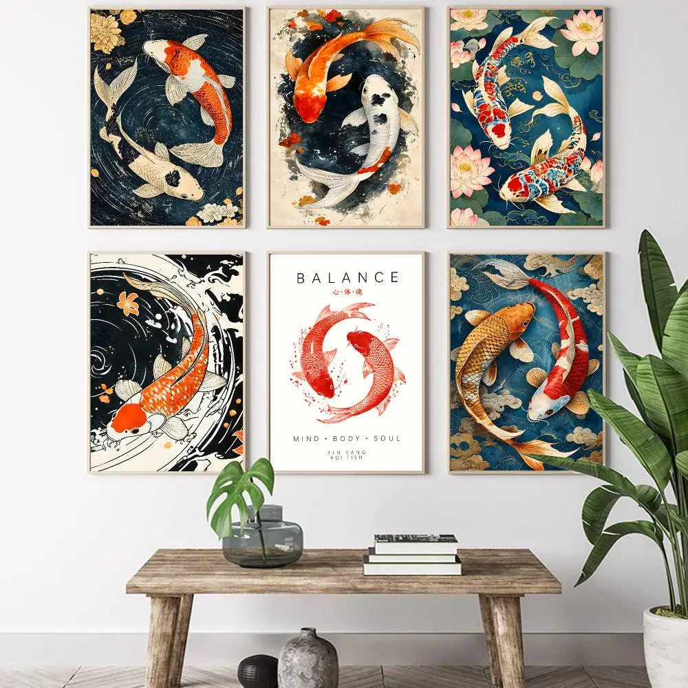 Ukiyo Koi Lotus Harmony Painting Calligraphy HD Canvas Poster Living Room Bedroom Bar Aesthetic Decoration