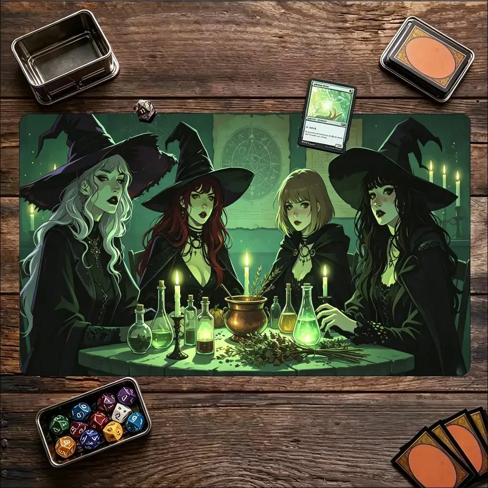 Halloween Witch Coven Pattern Game Playmat Non Slip Rubber Smooth Extended Table Mat For Trading Card Game Board Game Fans