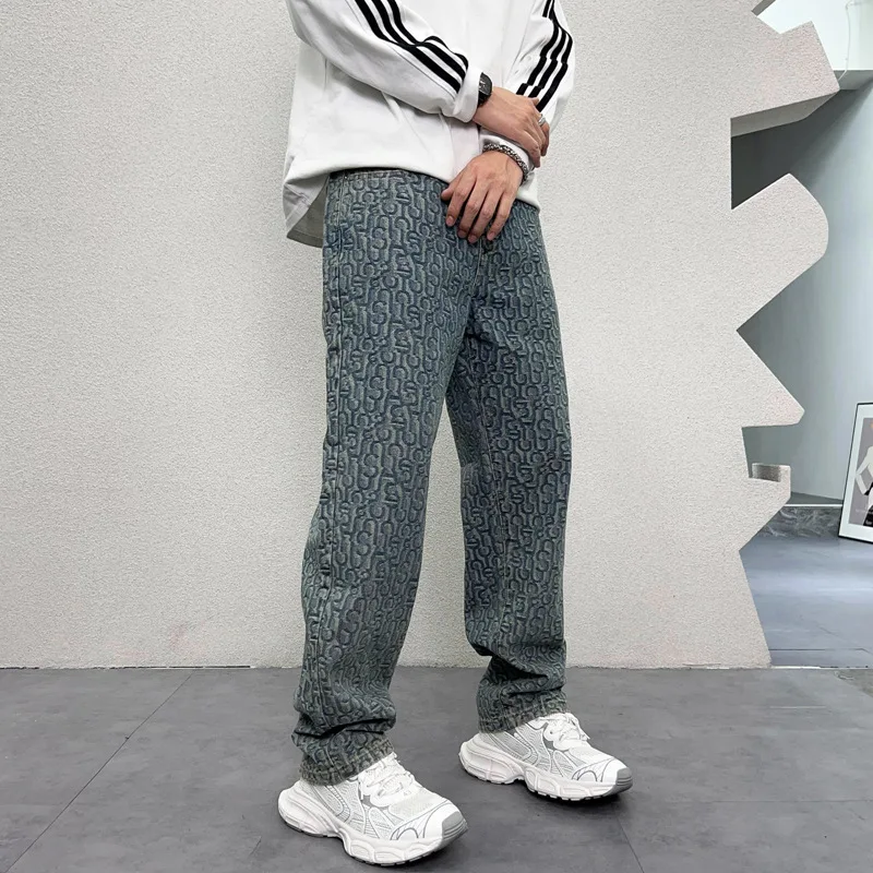 Hip-Hop Street Design Full Printed Washed-out Vintage Wide Leg Jeans Men's American Style Trend Loose Casual Straight Trousers