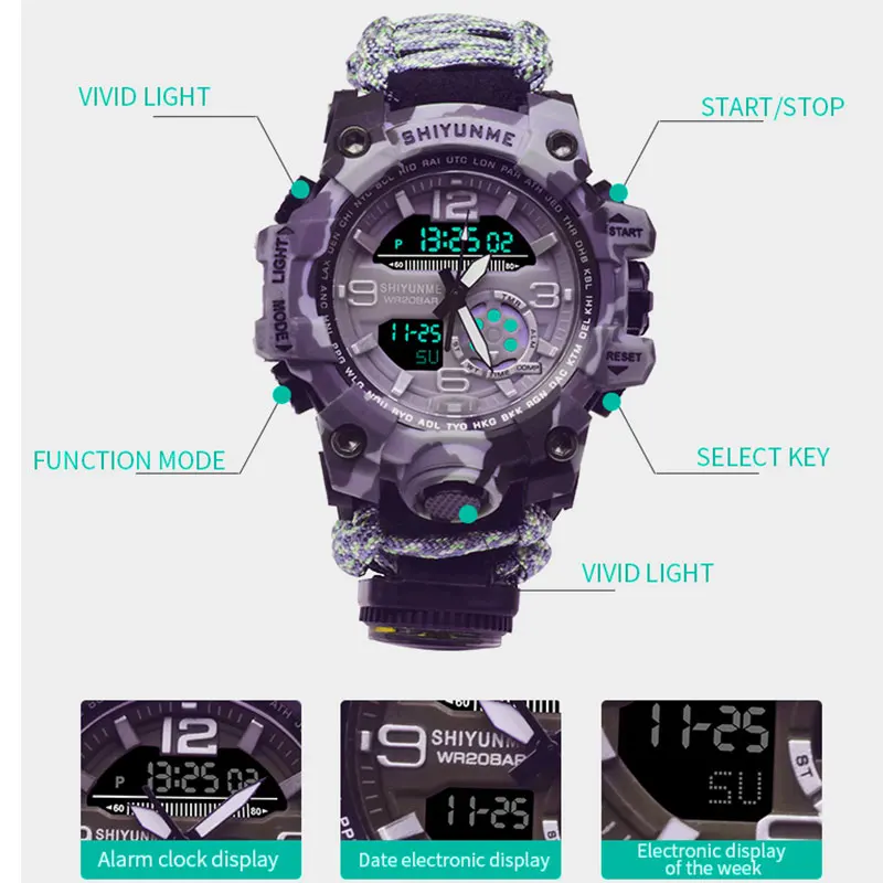 SHIYUNME Camouflage G Style Mens Outdoor Sports Quartz Watch Compass Waterproof Multifunction LED Digital Watches Relógio Homem