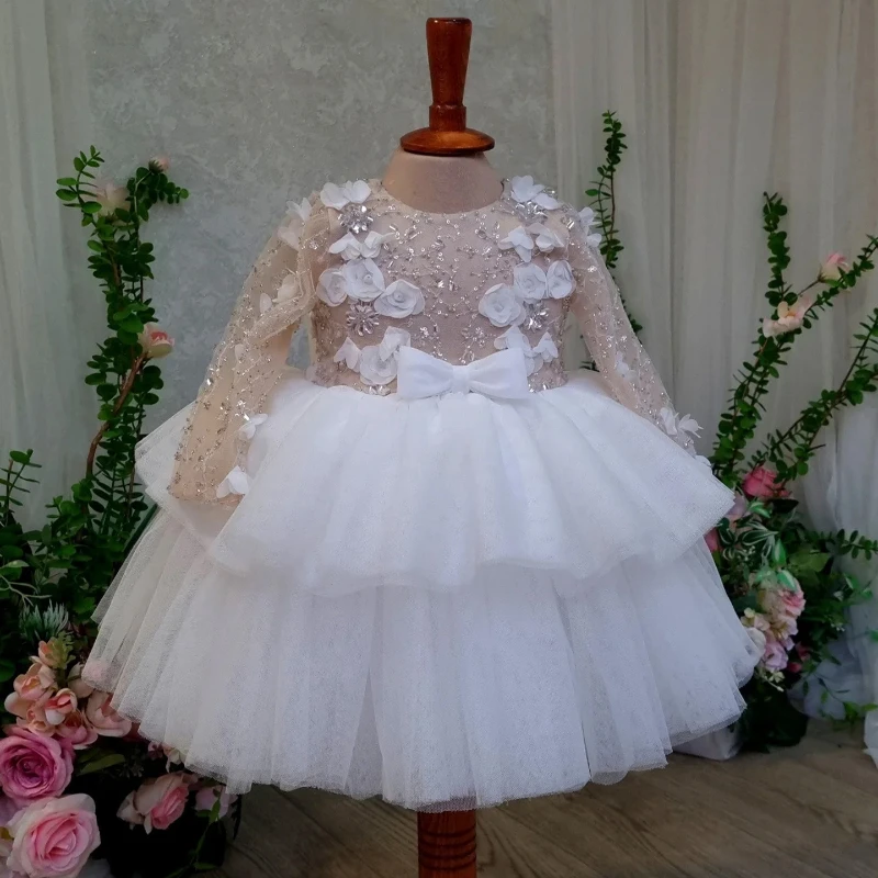 Children Girls Princess White Flower Dress Long Sleeve New Gown Wedding Outfit Tulle Tutu Kids Formal Performance Pageant Party